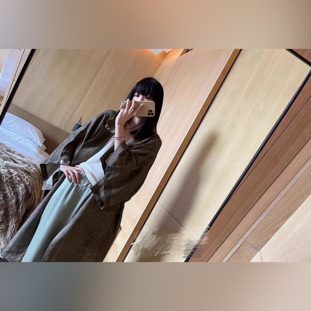 Uma Wang style dark grey/ green linen printed midi length blazer coat/ jacket - Picture 2 of 9
